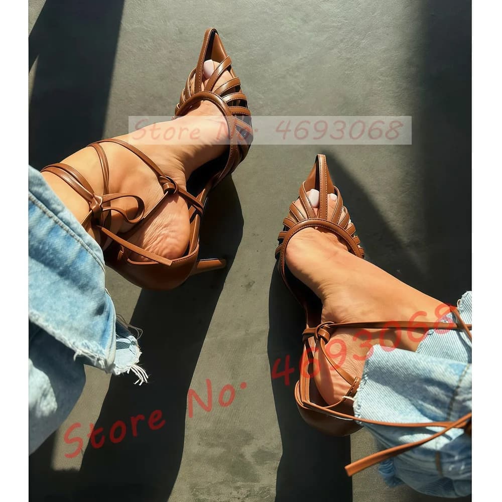 Sandali marroni a punta con lacci incrociati e tacco a spillo, sexy ed eleganti, da donna, nuove scarpe da festa.