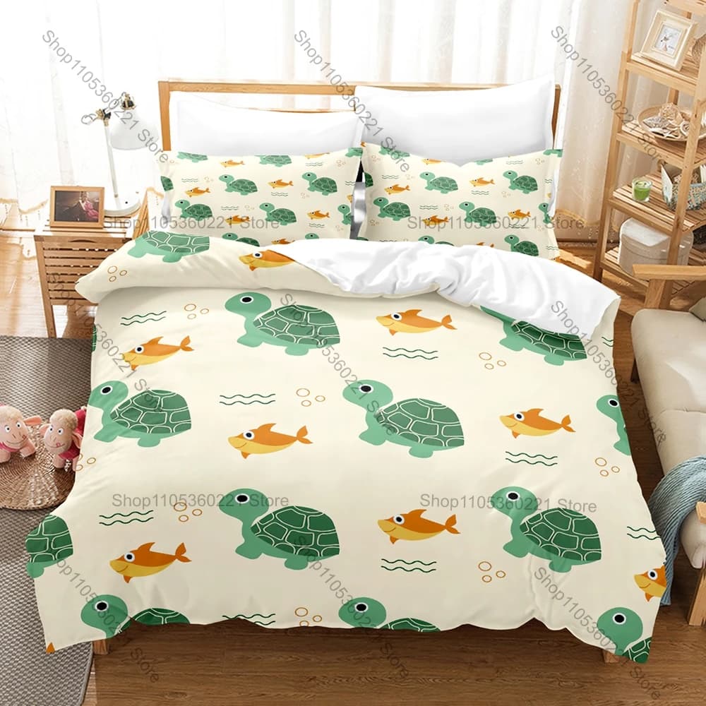 Kawaii Cartoon Tortoise Three Piece Bedding Set Luxury Comforter Set with Queen King Size Cool Two household goods Anime Ocean A