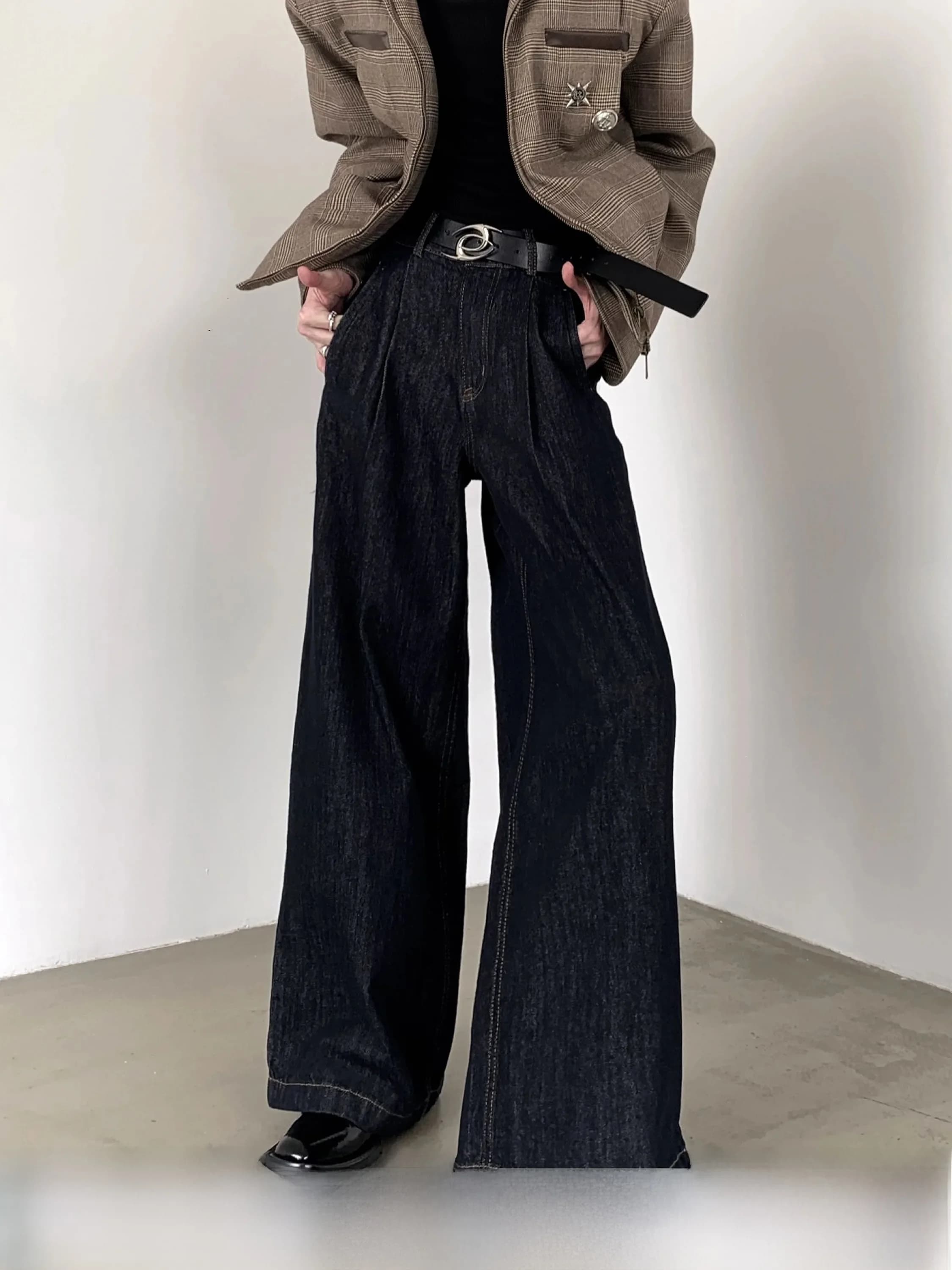 High Waist Wide Leg Denim Jeans Men's Vintage Original Blue A-Line Fashionable Fall Mountain Wind Retro Comfortable Casual