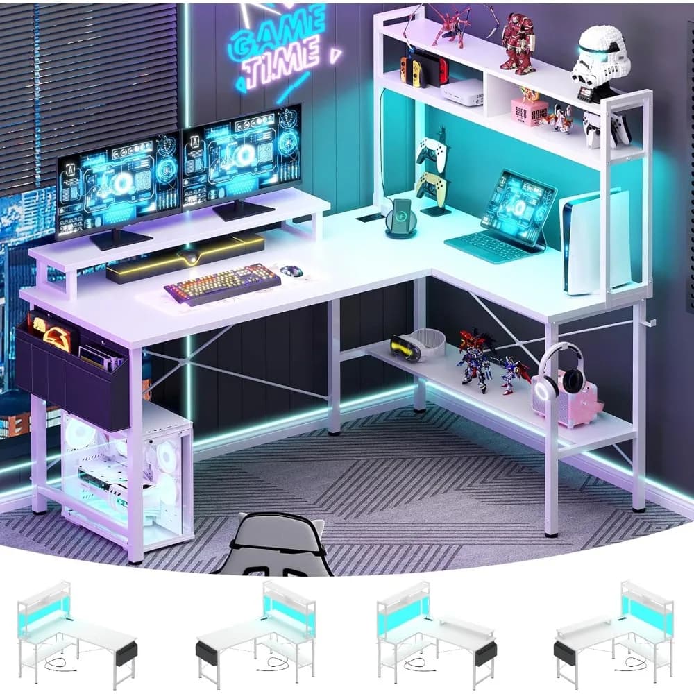 Scrivania da gioco Aheaplus a forma di L con prese di corrente e luci a LED, piccola scrivania ad angolo per computer a forma di L con supporto per monitor e St