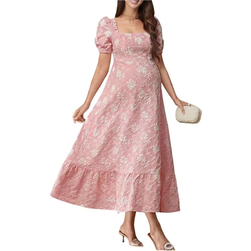 【NEW USER EXCLUSIVE】Women Maternity Maxi Dress Square Neck Jacquard Puff Sleeve Elegant French Summer Slim Fit Dress
