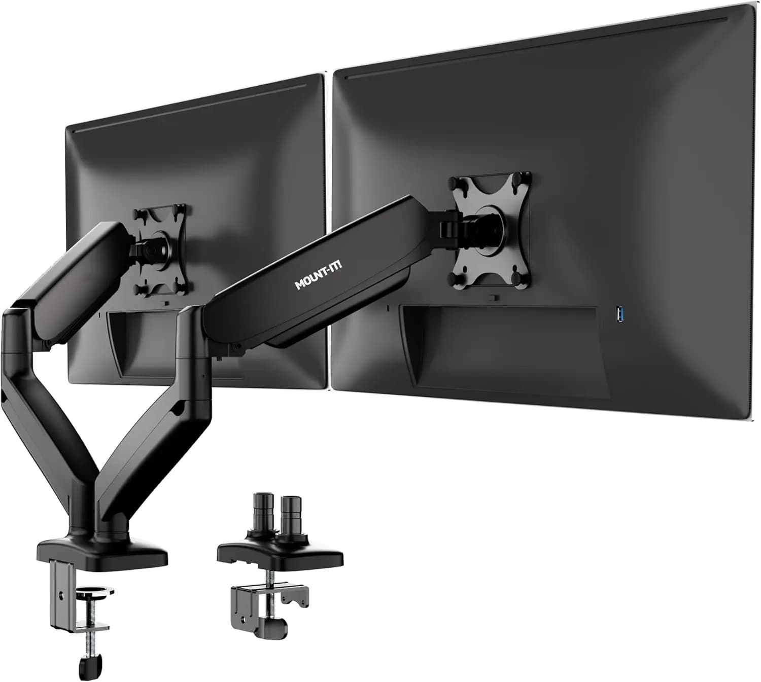 Double monitor desk support with fully adjustable gas spring arms, suitable for 13-32 inch screens, supports 17,6 pounds per arm