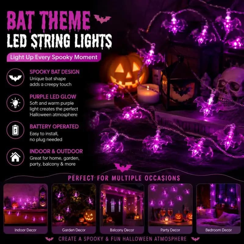 Halloween Bat LED Light String Battery Powered Purple Fairy Light Suitable for Indoor and Outdoor Party Garden Home Decoration