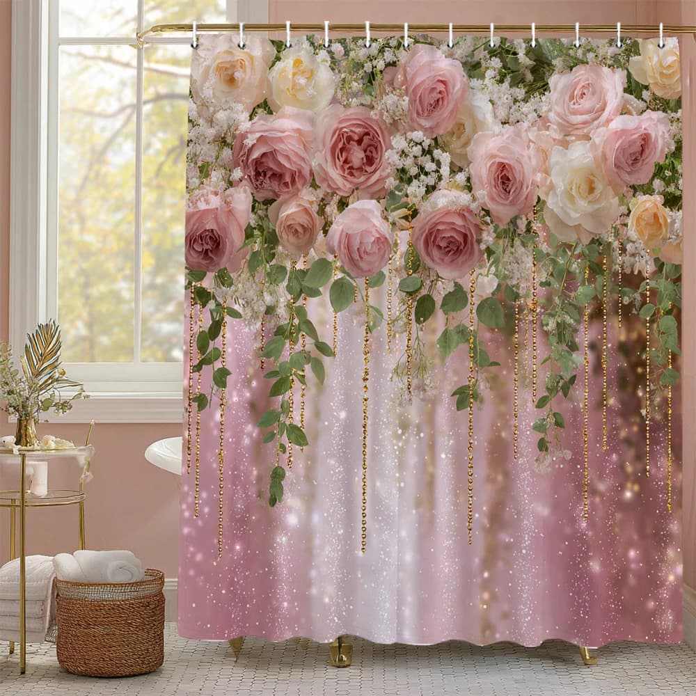 Tenda da Doccia Floreale Rosa, Tenda Decorativa per Bagno con Fiori, Tenda in Poliestere Stampata con Ganci
