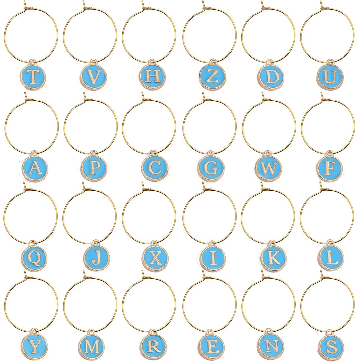 60 golden rings for wine glasses and 52 round 12 mm pendants with blue enamelled letters for wine tasting