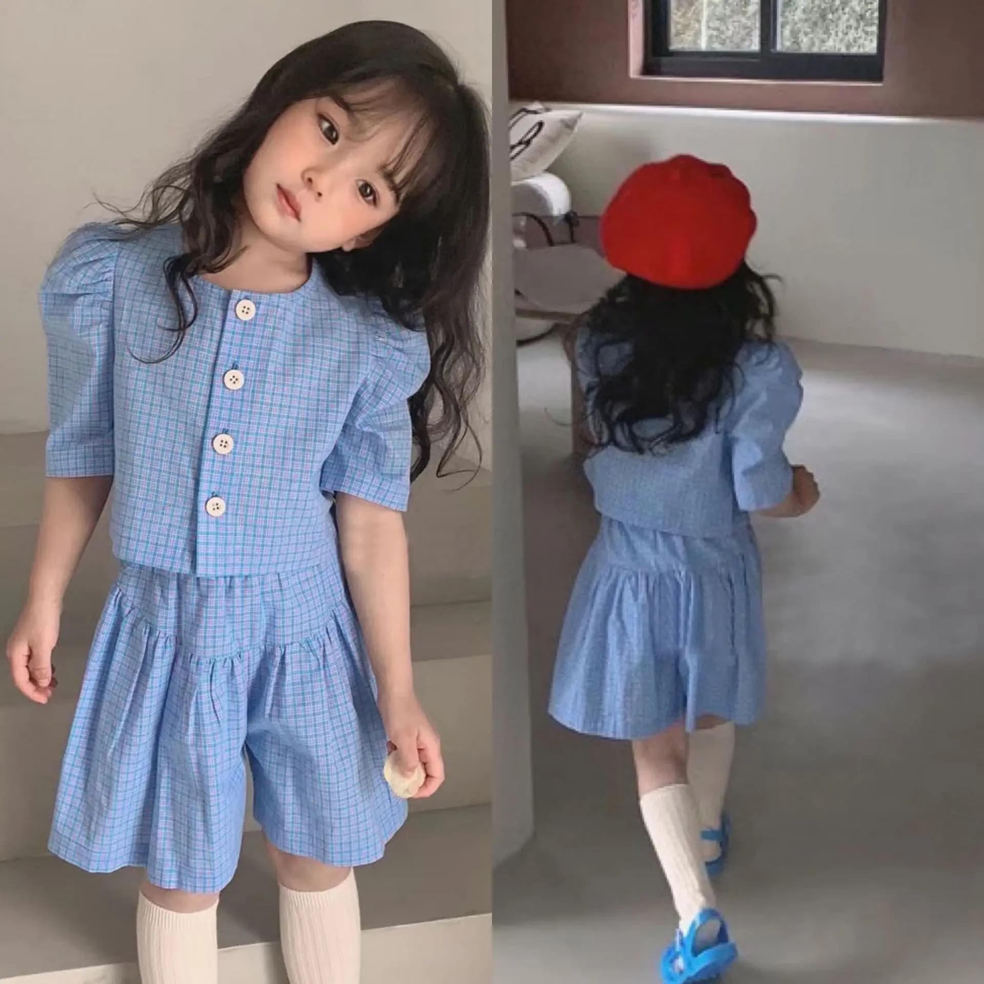 2025 Nuovo set estivo a quadretti blu per ragazze - Camicia a maniche corte a palloncino + pantaloncini coordinati per 3-7 anni Casual Cool Comfort
