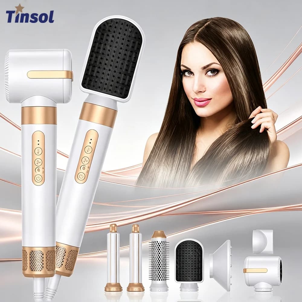 Set Asciugacapelli e Arricciacapelli 7-in-1 TINSOL 1400W, Spazzola e Pettine Riscaldati Professionali, Ferro Arricciacapelli Potente