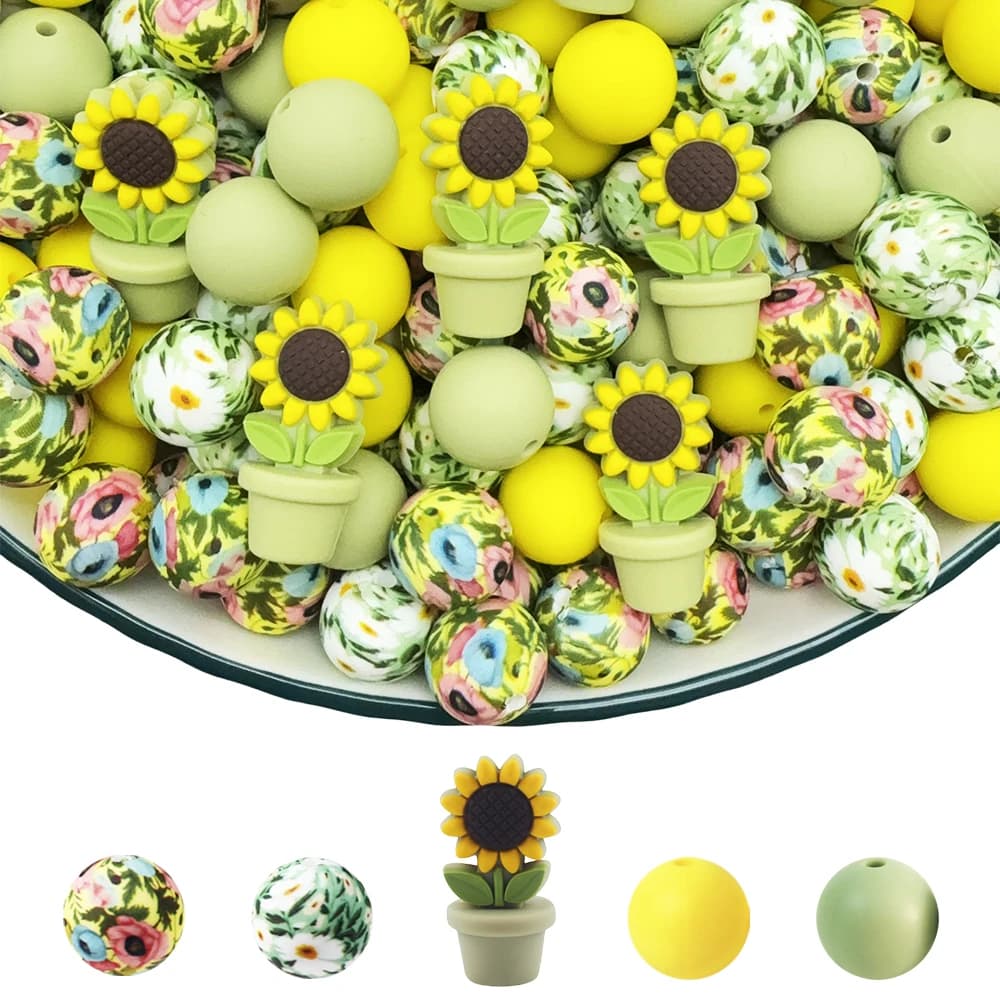 Set di 25 perline in silicone in vaso di girasole, perfette per l'artigianato fatto a mano fai-da-te come portachiavi, collane, bracciali, ecc.