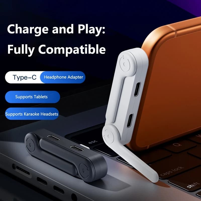 Adattatore per cuffie 2 in 1 Type-C con supporto per telefono, da USB-C a USB-C per ricarica/audio, compatibile con iPhone 15, 16, 17, Samsung e Tablet