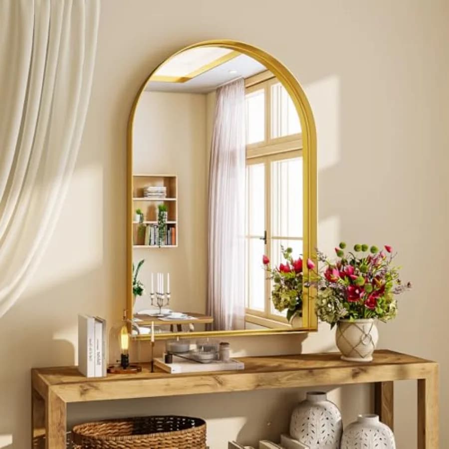 Specchio da Bagno Arcuato di Lusso 26" x 38" - Specchio da Parete ad Arco con Vetro Temperato Infrangibile e Cornice Profonda in Metallo, da Appendere o da Posizionare