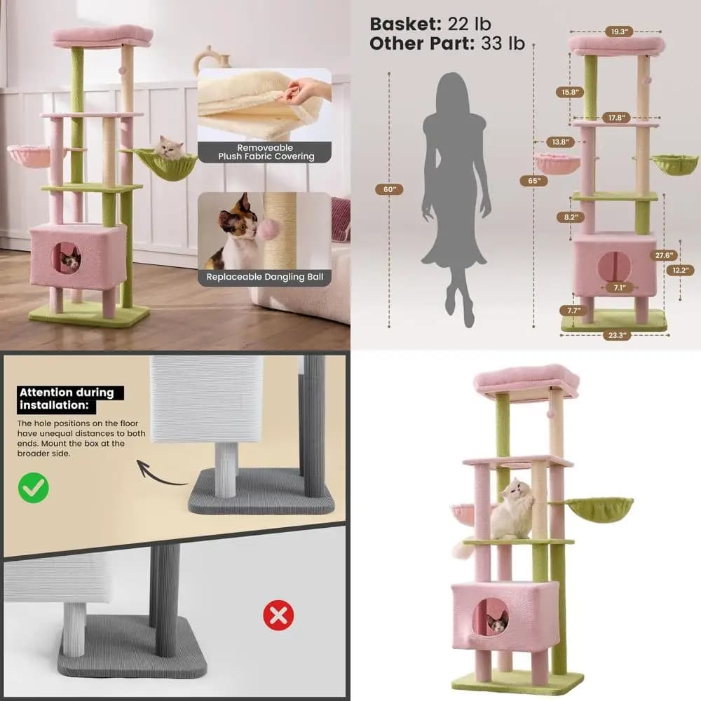Grande albero per gatti multi-livello per carichi pesanti Cats' 65 con tiragraffi in sisal, amaca e piattaforme extra-large (rosa e verde)