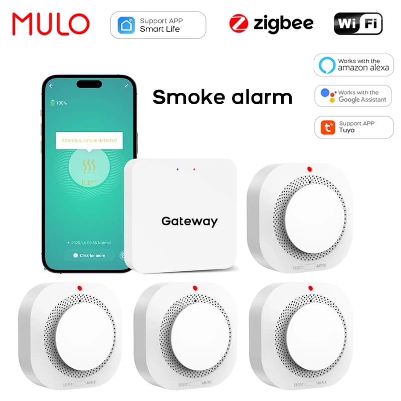 Tuya Smart Life ZigBee WiFi Rilevatore di fumo Sensore di allarme antincendio Confezione multipla Sistema di sicurezza domestica compatibile con Alexa Google Home