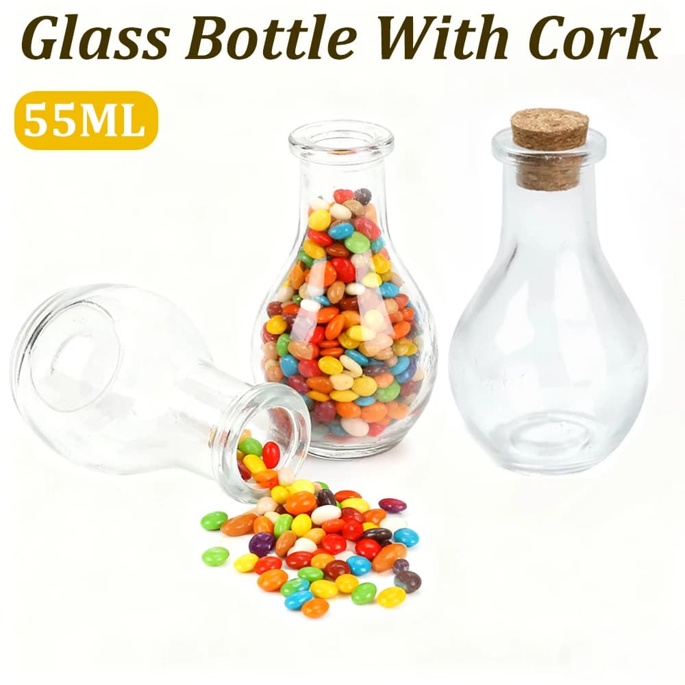 Bottle of desires in glass with cork Shape of jar Small jars transparent glass for dried flowers Seeds of plants Beads Conservation of candies 55 ml