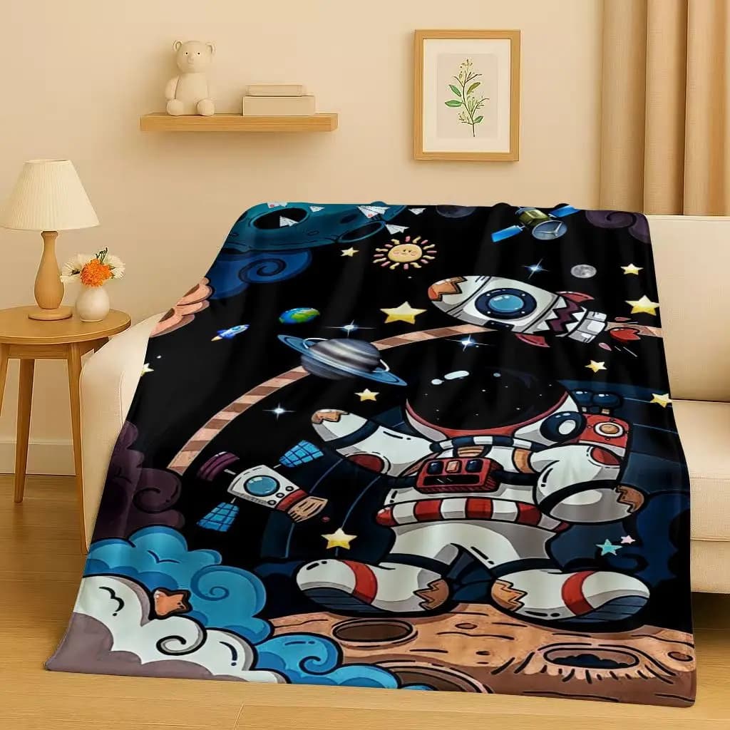 New Cartoon Astronaut Spaceman Planet Flannel Blanket,Ultra Soft Plush Throw for Home Bedroom Bed Sofa Cover Kid Christmas Gift