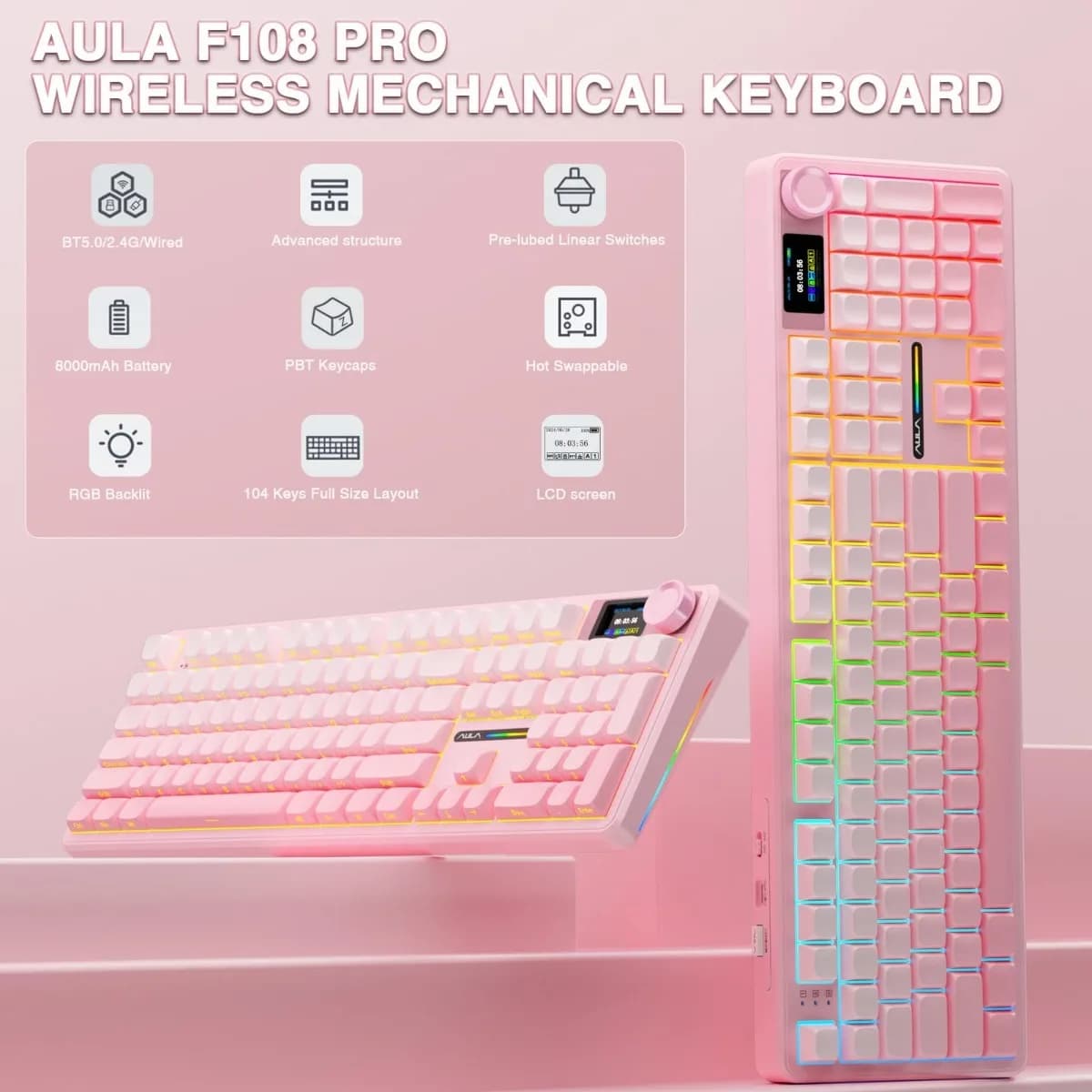 AULA F108Pro/F108 Wireless mechanical keyboard with screen and knob, Bluetooth game keyboard with 8000 mAh battery, Mac/PC/Android