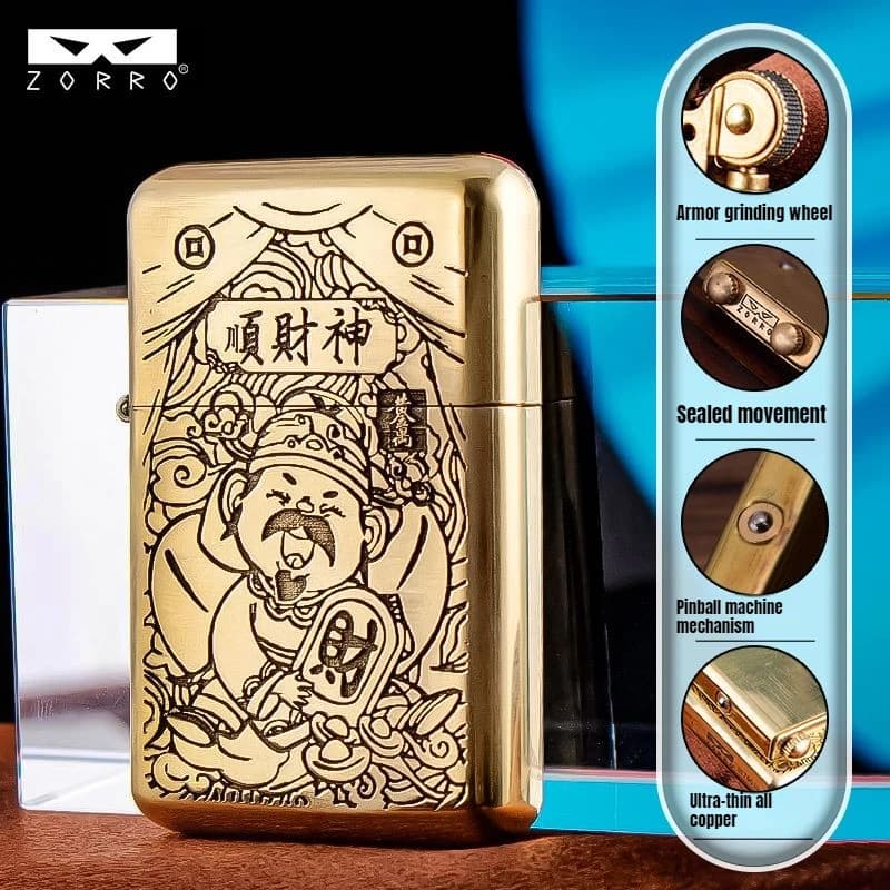 The Third Generation ZORRO Ultra-thin Windproof Fuel Lighter, Embossed God of Fortune, Creative High-end Men’s Gift