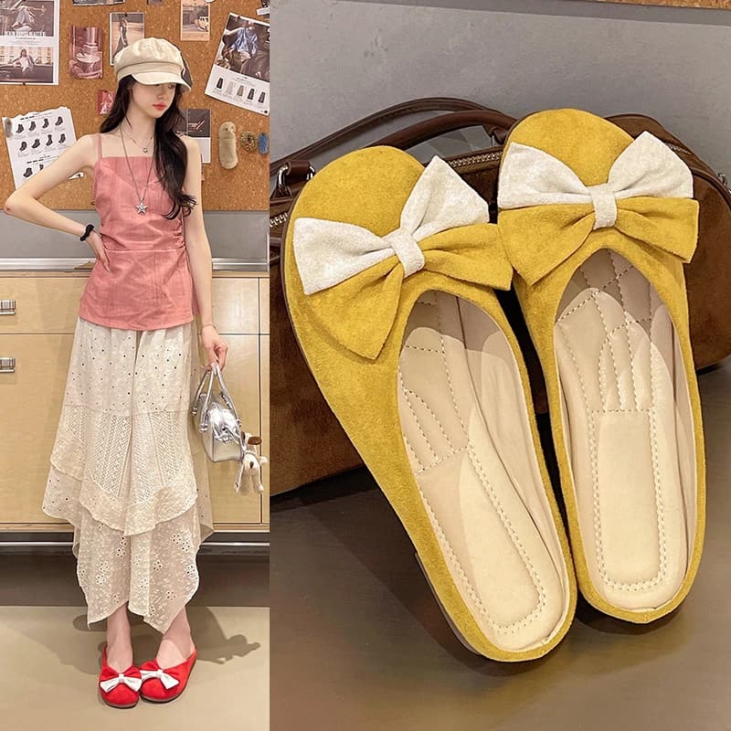 Summer Suede Patchwork Bowtie Slides Shoes Woman Soft Soled Ballets Flats Round Toe Shoe Ladies Loafers Outside Slippers