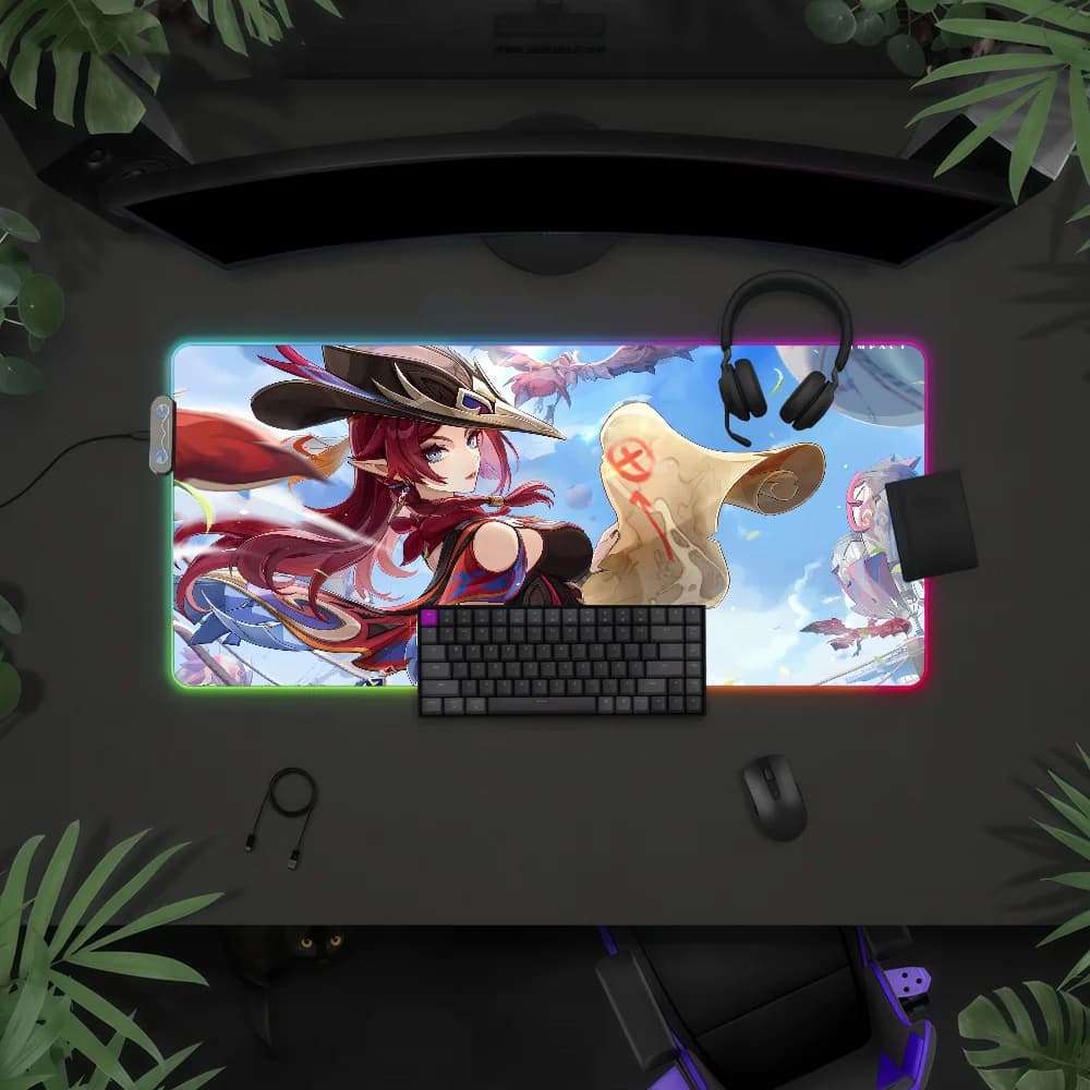 Tappetino per mouse Game Genshin Impact Chasca con luce LED RGB, tastiera da gioco colorata, copertura antiscivolo, superficie impermeabile