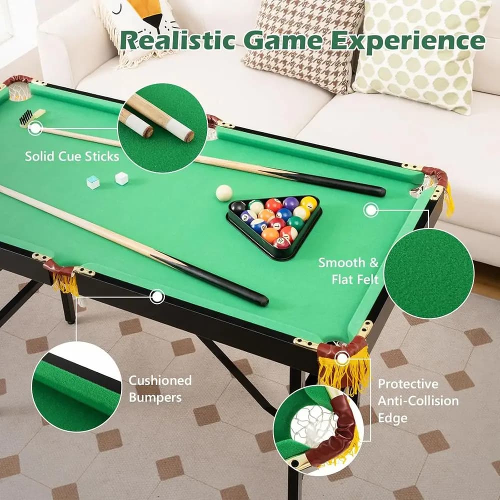 Set Tavolo da Biliardo Portatile Compatto per Bambini e Adulti con 2 Stecche, 16 Biglie, Gesso e Pennello