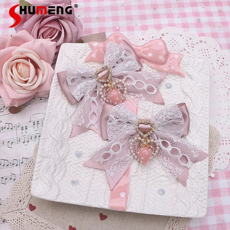 Lolita fermagli per capelli dolci per le donne bordo in pizzo carino fatto a mano originale Kawaii fragola amore perla ciondolo fiocco mollette accessori