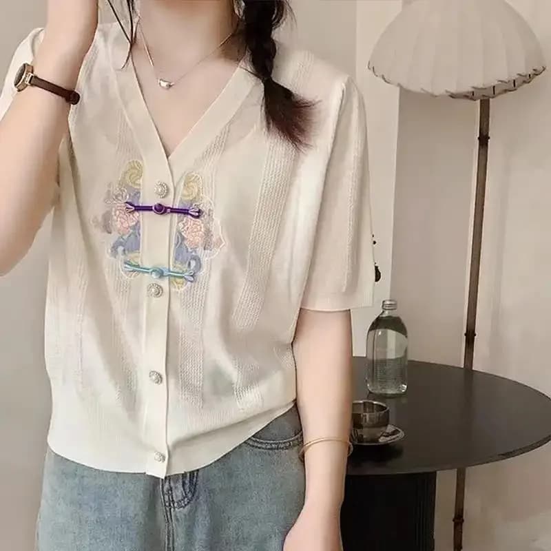 Chinese Style Embroidery Ice Silk Short Sleeve Knit Cardigan Women's New Chinese Loose Fit Summer Top Plus Size Casual Shirt