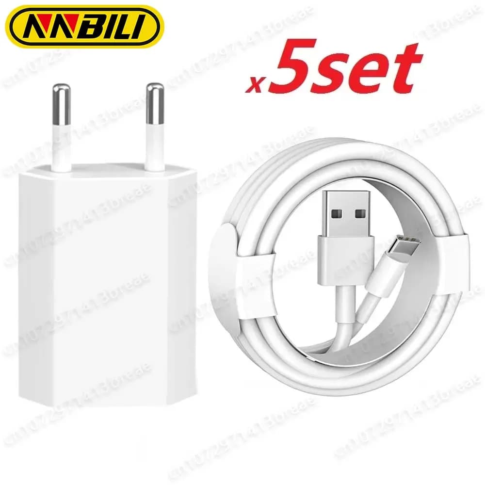 NNBILI 1-5set 5 v1a EU home Travel caricatore da muro USB adattatore di alimentazione tipo c cavo 1m per Samsung S8 S10 S22 S23 Xiaomi Huawei Phone