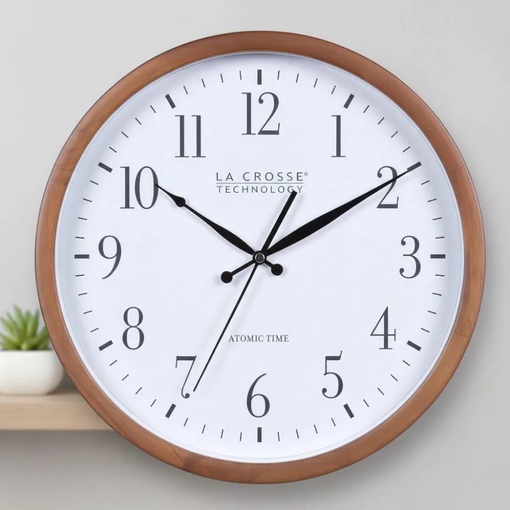 12.8 inch atomic analog wall clock with automatic time synchronization and 4 US zones, walnut finish for home office furniture