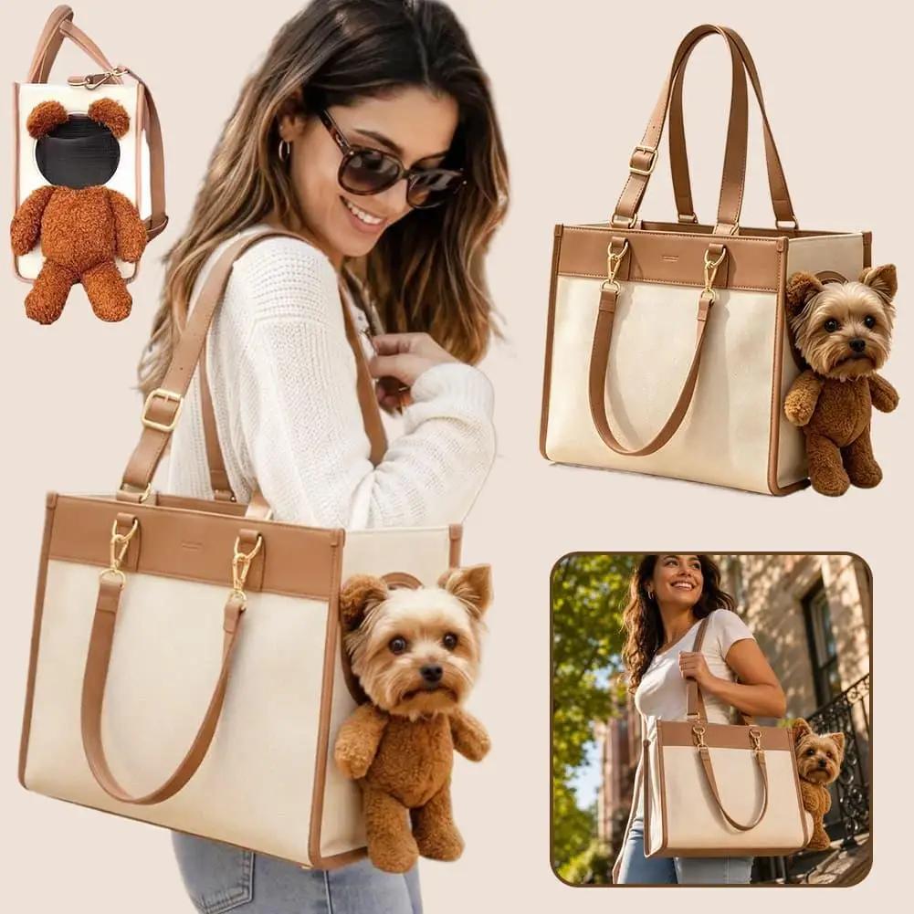 Fashion Pet Tote Carrier Bag with Bear Decor Portable Cat Dog Handbag Crossbody Shoulder Travel Bag for Pet Outdoor Carrying