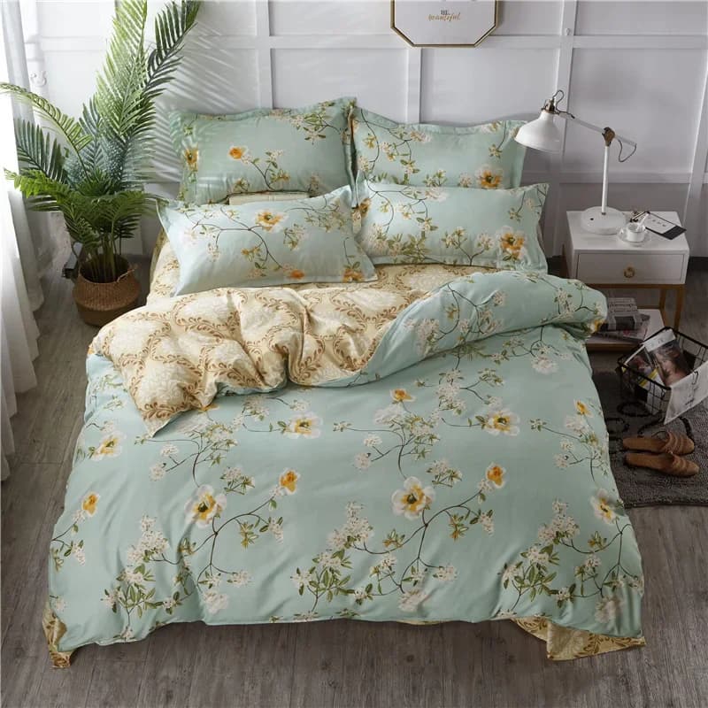 Set Copripiumino Floreale Botanico Bianco e Verde, Reversibile con Motivo Paisley Dorato, Set Biancheria da Letto in Morbida Microfibra