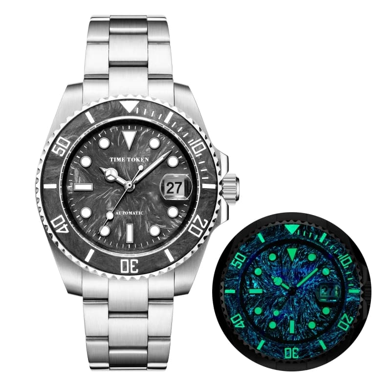 TIME TOKEN Underwater Watch in Carbon Fiber for Men 41mm, Bright, Luxurious, with Calendar, Automatic Mechanical, Sapphire Glass, Waterproof 100m