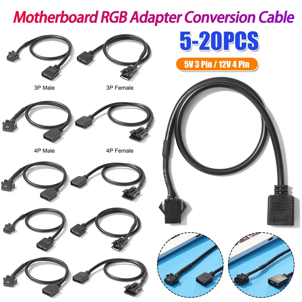 Cavo di Conversione per Striscia LED Scheda Madre 30cm, Cavo Adattatore RGB 5V 3 Pin / 12V 4 Pin per Scheda Madre