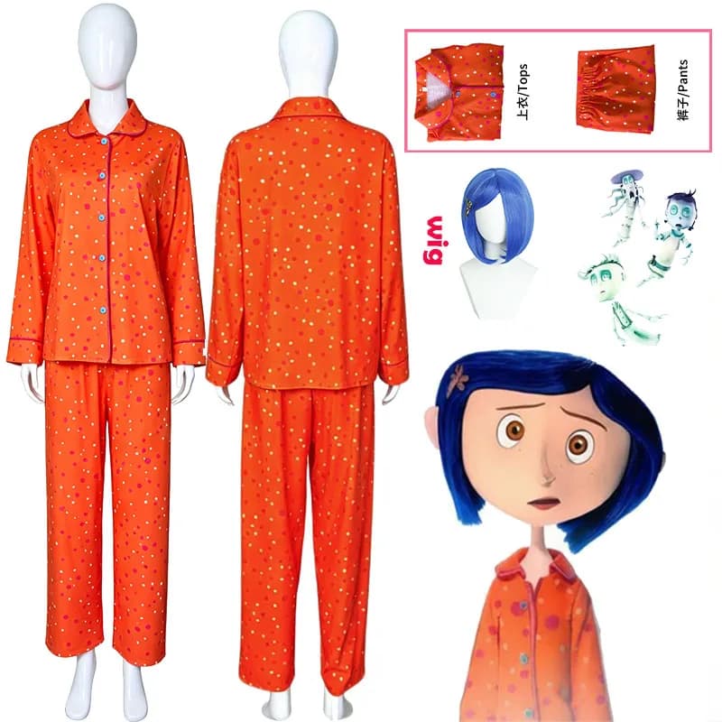 Pigiama Costume Cosplay Coraline del Film, Set Loungewear Arancione a Pois con Bottoni, Ottima Cucitura, Perfetto per Halloween e Spettacoli