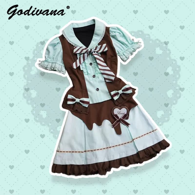 Nuovo Set Estivo da Ragazza Lolita: Gilet e Gonna 2 Pezzi, Completo Donna Color Menta Cioccolato con Gilet con Fiocco e Minigonna Lolita