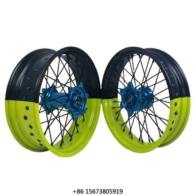 Cerchi Bicolore Giallo Fluorescente e Nero con Mozzi Azzurri per KTM EXC SXF MC XE TE FE 16/17 - Ruote Supermoto per Moto da Cross