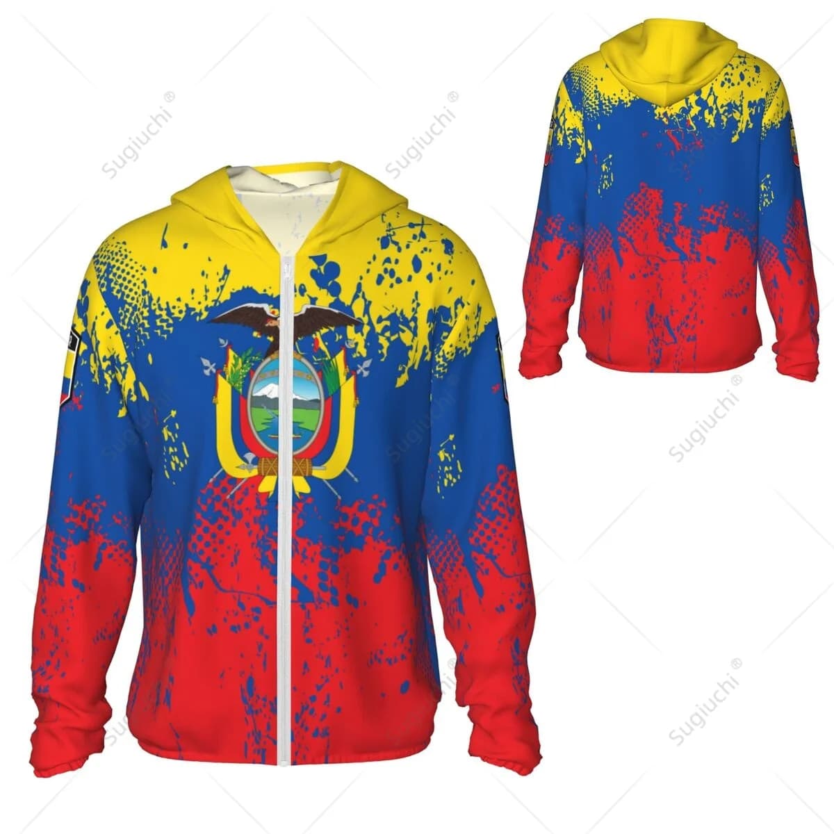 Felpa con Cappuccio Protezione Solare Bandiera dell'Ecuador, Abbigliamento Protettivo Solare per Pesca Ciclismo Corsa, Asciugatura Rapida, Manica Lunga con Cerniera, Poliestere