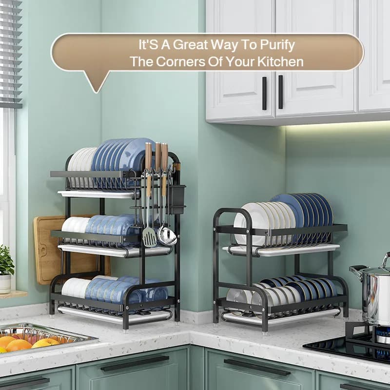 Multifunctional kitchen support holder with draining shelf, dish organizer, tools and knife holders for wands