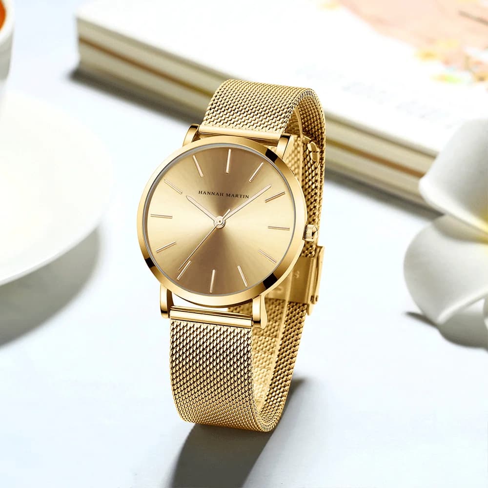 Hannah Martin Quartz Women's Watch Japanese Movement Braided Mesh Strap Minimalist Women's Watch Large Three Lancet Water Resistant
