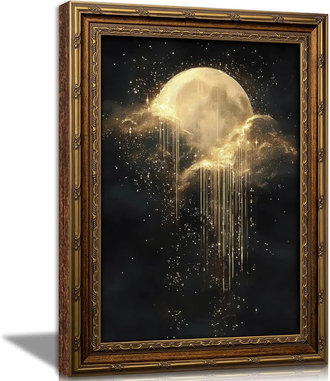 Antique Framed Celestial Canvas Wall Art Golden Moon Starry Sky Canvas Painting Retro Dark Home Bedroom Wall Decoration