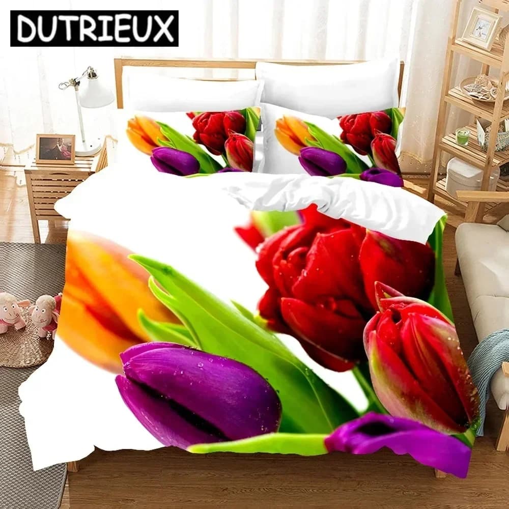 Pink Tulip Elegant Flower Scenery Comfortable Duvet Quilt Cover Pillowcase Bedding Set Children Bedroom Decoration Home Textile