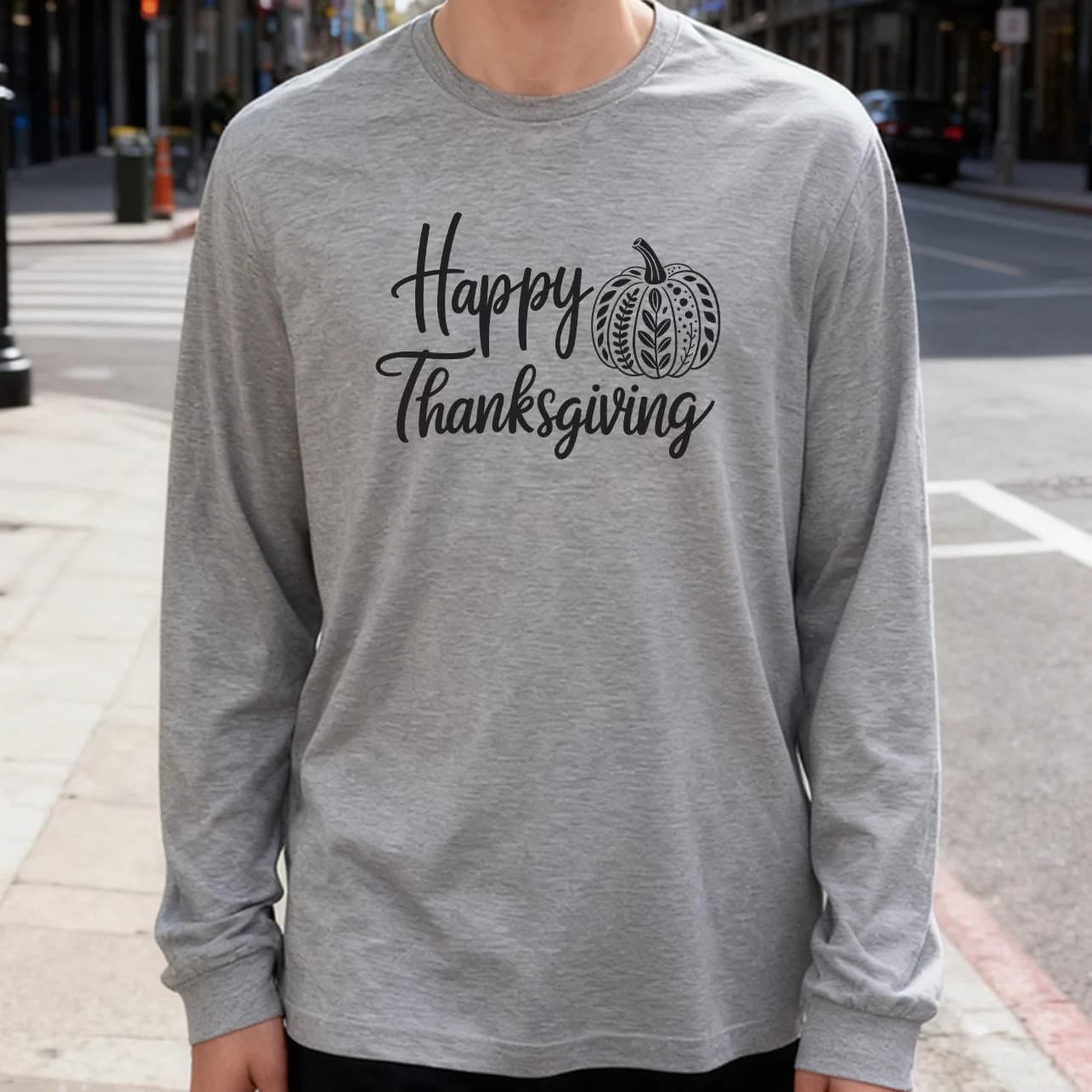 Men's Long Sleeved T-shirt Happy Thanksgiving 180g 100% cotton printed casual crew neck to wear every day soft and breathable
