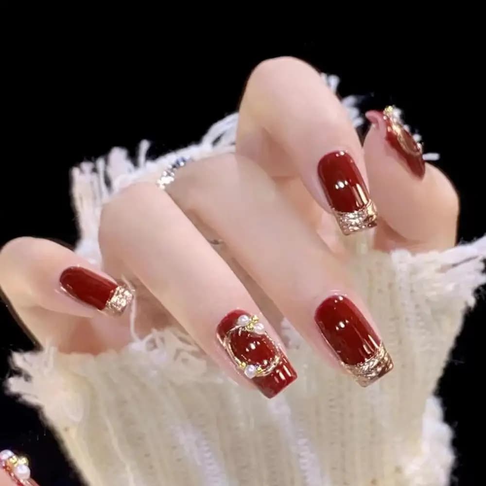 Red Diamond Nails Sparkling Wine for Wedding, Polished Golden Powder, New Design, Unghie Diamantate Indossabili