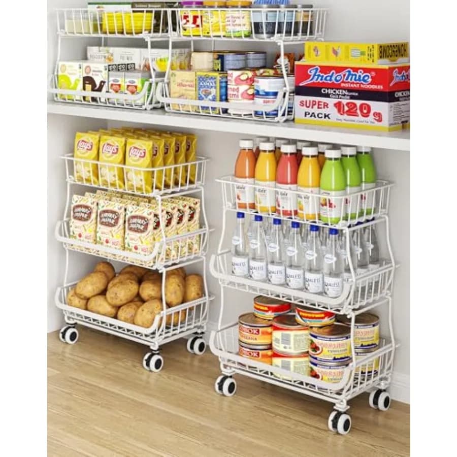 Carrello Organizzatore e Contenitore Salvaspazio con Ruote, Impilabile, in Rete Metallica, per Dispensa e Cucina