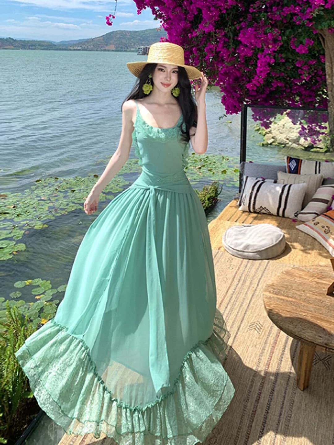 Travel Vacation Style Off-Shoulder Maxi Dress Slimming High Waist Cotton Blend Summer Dress Backless V-Neck Midi Skirt