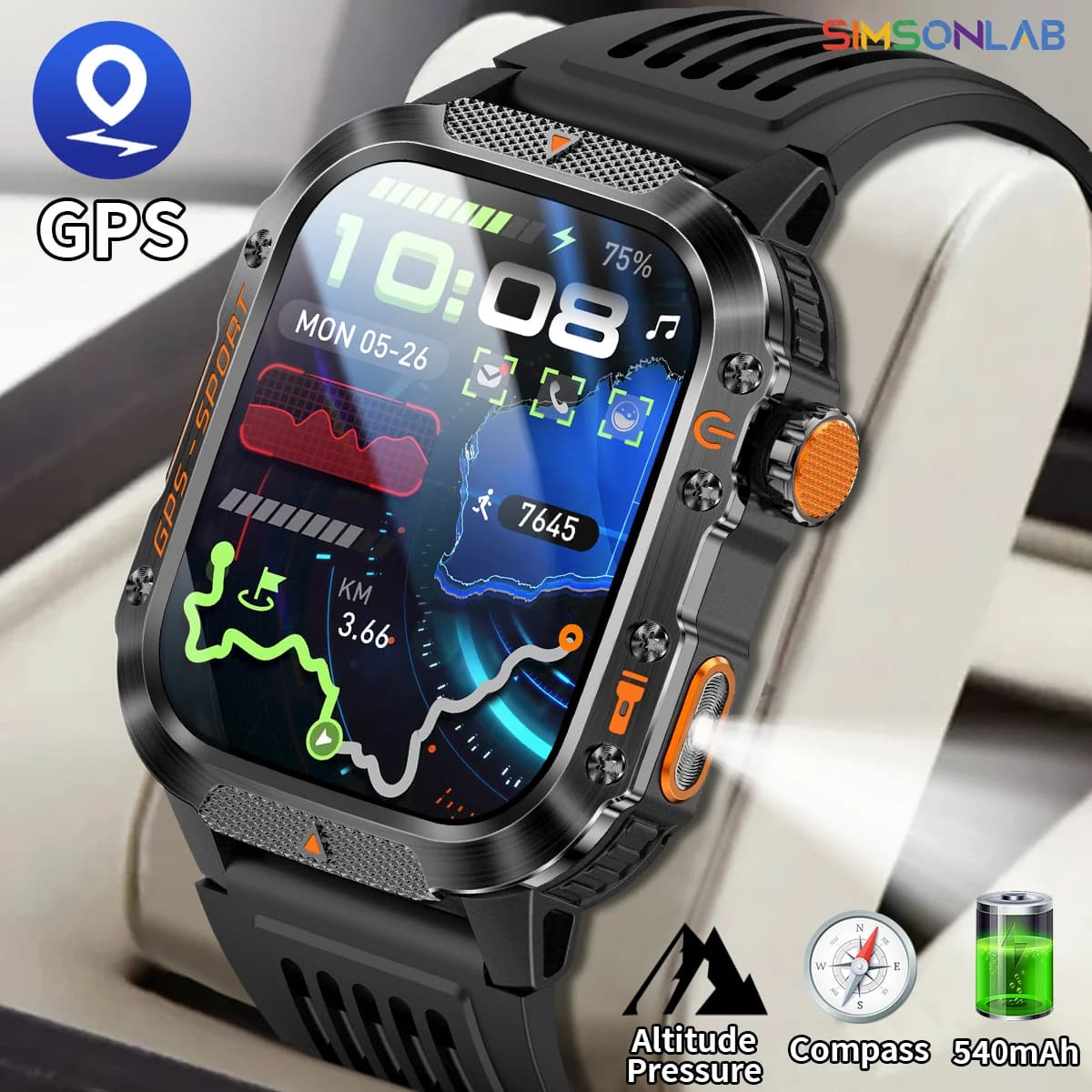 SIMSONLAB 2026 Nuovo Smartwatch Militare GPS con Schermo da 2.01', Chiamate BT con AI Vocale, Impermeabile fino a 30m, Cardiofrequenzimetro, Torcia, per Sport all'Aperto