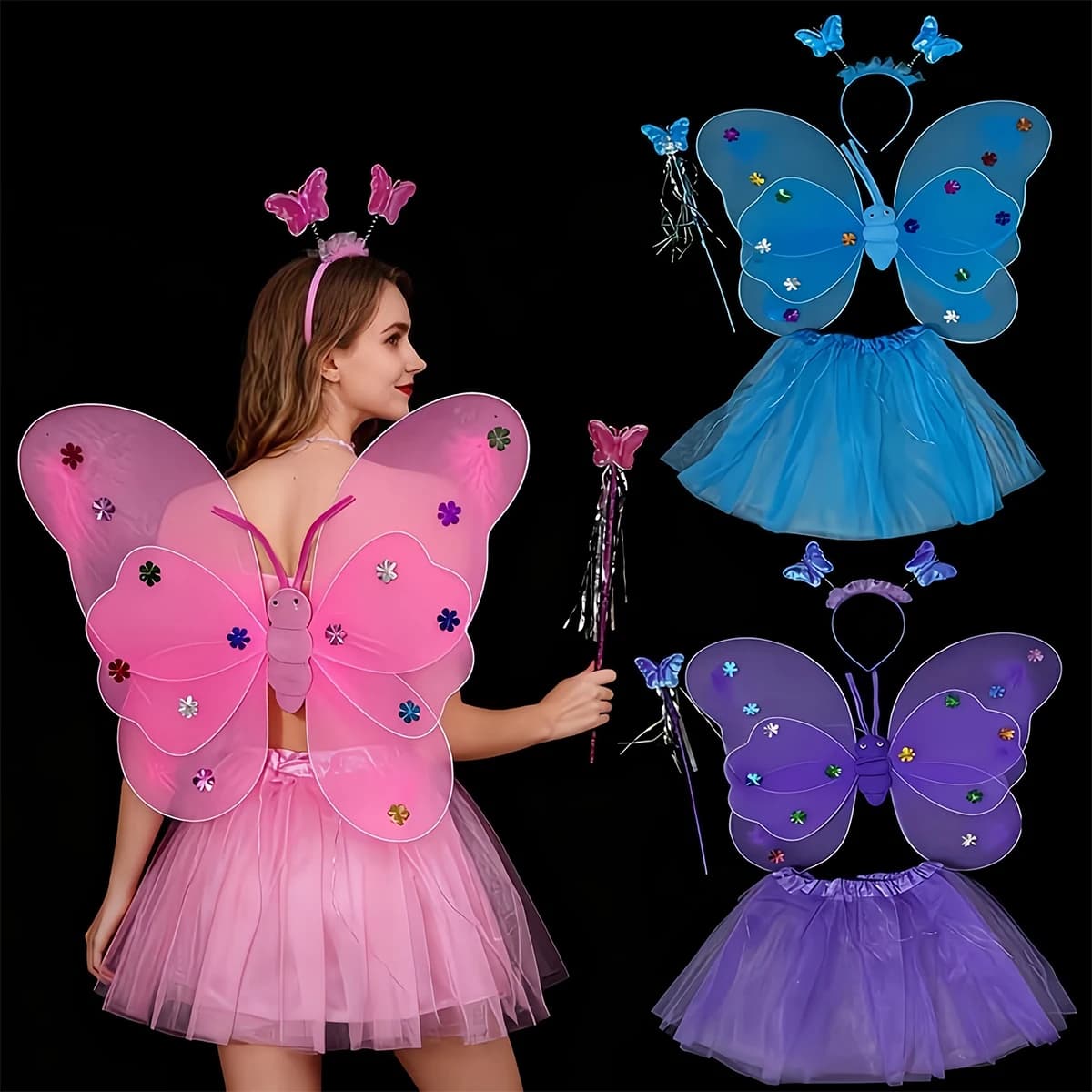 Set Costume da Fata con Ali, Gonna in Tulle, Bacchetta Magica e Fascia per Capelli per Feste in Maschera, Spettacoli e Servizi Fotografici