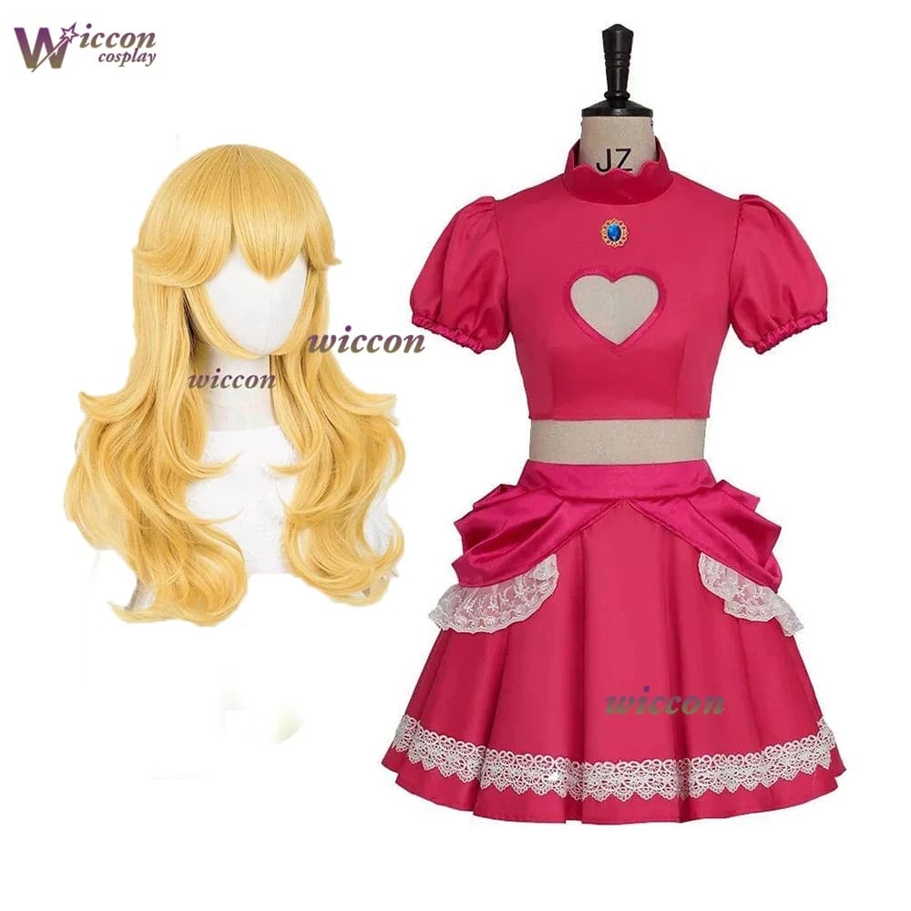 Costume Cosplay Peach, Abito Principessa Rosa con Tiara, Vestito Lolita per Halloween, Parrucca Rosa per Feste di Carnevale