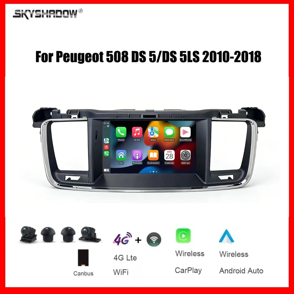 Autoradio multimediale 7" CarPlay Android 8 Core 12G+256G con 4G, Bluetooth, GPS e navigazione per Peugeot 508 DS 5/DS 5LS 2010-2018