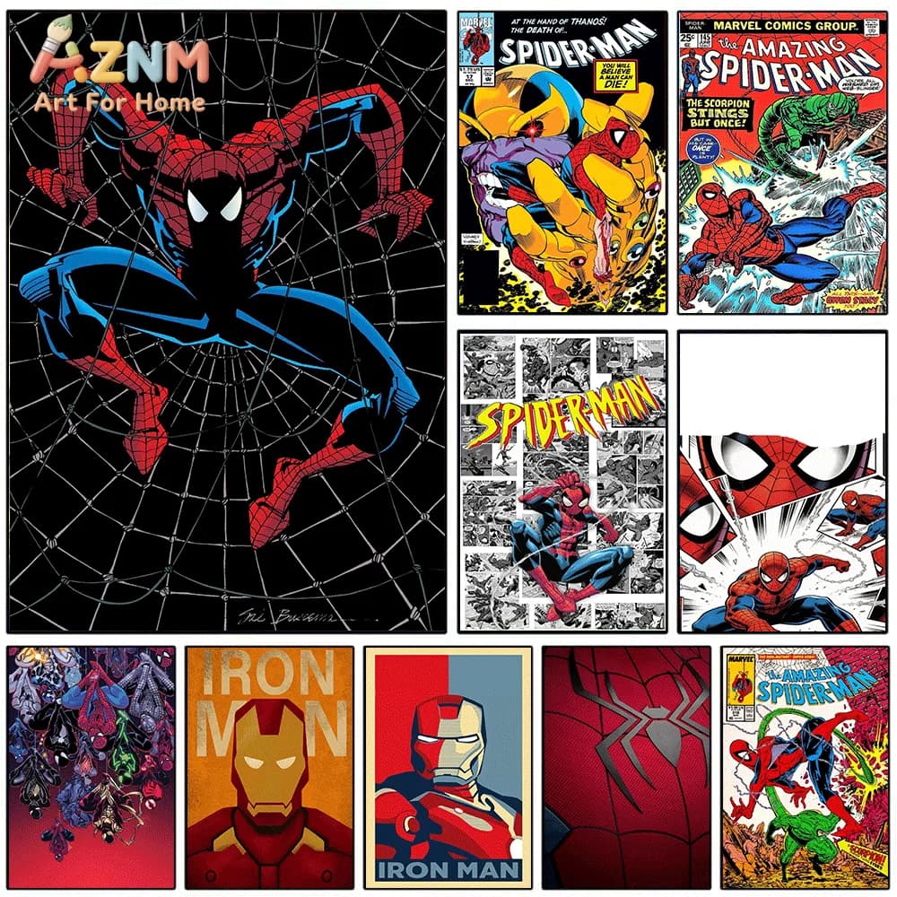 AZNM Spiderman Jumping On Large Spider Web Black Background Comic Canvas Wall Print, Classic Superhero Dynamic Pose Art Poster