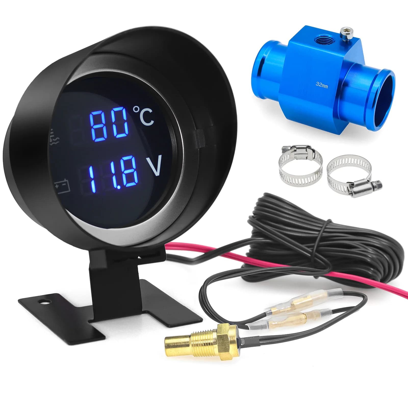AD Misuratore di temperatura dell'acqua per auto digitale a LED rotondo + voltmetro Adattatore per temperatura dell'acqua 2in1 Voltmetro per moto + Sensore di temperatura dell'acqua 10mm