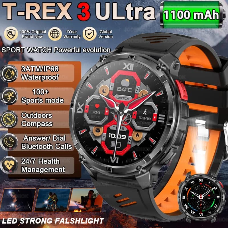 2026 Nuovo T-REX3 Smart Watch da esterno da uomo 1100mAh Batteria di grandi dimensioni Bluetooth Chiamata Bussola Torcia a LED da 1,7 pollici Orologi impermeabili